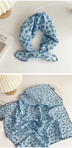 Light blue cotton linen small square scarf with black leaf print, perfect for neck and hair.