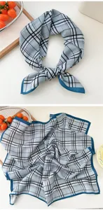 Light blue plaid cotton linen small square scarf with dark blue border elegant neckerchief.
