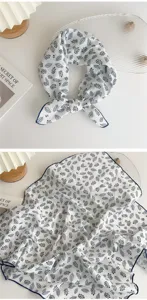 Cotton linen small square scarf with blue leaf print, versatile neckerchief or hairband.