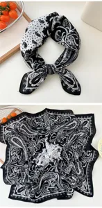 Classic black and white paisley print square scarf, cotton linen bandana for women