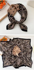 Cotton linen small square scarf vintage paisley print black khaki neckerchief women fashion
