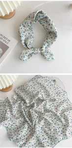 Cotton linen small square scarf with blue paisley print, elegant neck scarf detail display.