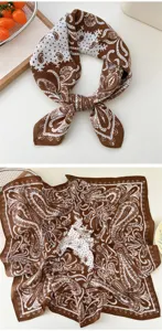 Brown white paisley cotton linen square scarf retro vintage bandana neckerchief wrap.