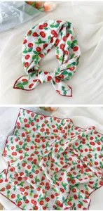 Cotton linen cherry print square scarf cute floral small neckerchief hair band for women
