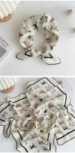 Detailed view of cotton linen small square scarf with vintage horse print for women stylish.