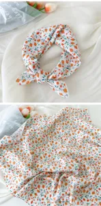 Floral cotton linen square scarf for women, fresh style small neckerchief summer.