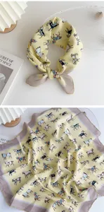 Detailed view of yellow cotton linen square scarf featuring vintage equestrian horse print design.