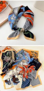 Close-up detail of a colorful cotton linen small square scarf with botanical and geometric prints.