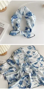 Blue and white pastoral print cotton linen small square scarf, versatile neckerchief hair band.