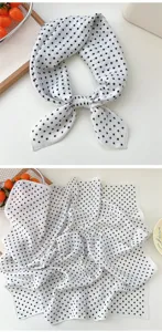 Black and white polka dot cotton linen square scarf, versatile neckerchief for women.