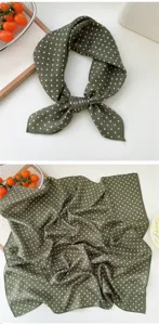 Green cotton linen polka dot square scarf, stylish neckerchief and elegant shawl accessory.