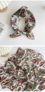 Vintage floral print cotton linen small square scarf, detailed fabric texture and red edge design.