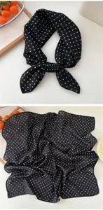 Classic black and white polka dot cotton linen square scarf, versatile elegant neckerchief.