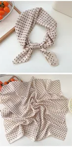 Beige polka dot cotton linen square scarf, chic neckerchief and stylish hair accessory detail.