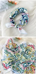 Detailed view of Japanese floral cotton linen square scarf, vintage botanical print neckerchief.
