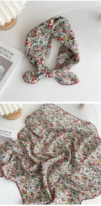 Cotton linen floral square scarf detail view, elegant spring autumn decorative neck scarf headband.