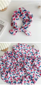 Pink cherry print small square scarf cotton linen fashion neckerchief hair band headband decor.