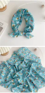 Cotton linen small square scarf for women, vintage cat print neckerchief and stylish hair band.
