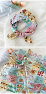 Detailed view of Japanese style cotton linen floral square scarf, cute patchwork print fabric.