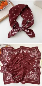 Maroon cotton linen paisley square scarf detail, vintage print neckerchief, elegant accessory.