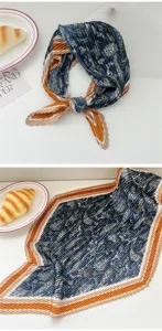Pleated square scarf for women vintage print blue orange neckerchief stylish accessory