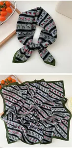 Chic women's square scarf with elegant equestrian horse print, stylish retro neckerchief for daily wear.
