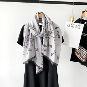 Grey floral print cotton linen scarf for women, elegant autumn soft shawl and headscarf.
