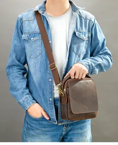 Homme vintage en cuir veritable sac a bandouliere vertical sacoche marron de voyage
