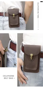 Vintage genuine leather cellphone belt bag with metal lock, multi-functional waist pouch.