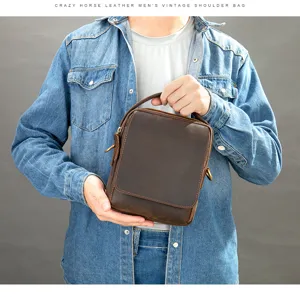 Sac bandoulière vintage en cuir véritable pour homme, idéal pour le travail quotidien.