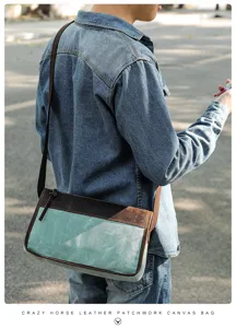 Sac bandoulière homme vintage en toile et cuir, sacoche décontractée avec bordure en cuir.