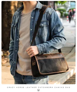 Sac bandoulière homme en toile et cuir, sacoche rétro vintage style décontracté.