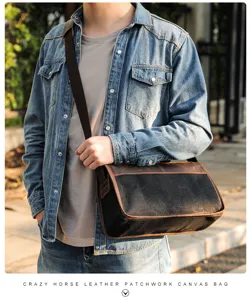 Sac bandoulière homme en toile et cuir, élégante sacoche vintage pour tous les jours.