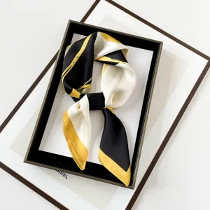 Élégant carré de soie 70 cm avec imprimé abstrait noir blanc et jaune chic pour femmes mode