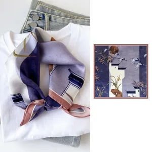 Chinese style silk square scarf for women, elegant crane and architecture print mulberry silk neckerchief.