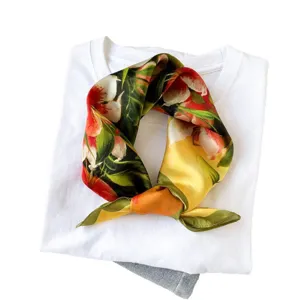 Silk floral square scarf for women, elegant small neckerchief for spring and summer daily wear.