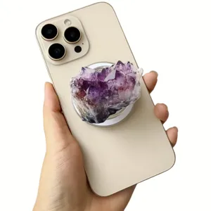Purple faux amethyst crystal magnetic phone stand grip for Magsafe on gold smartphone