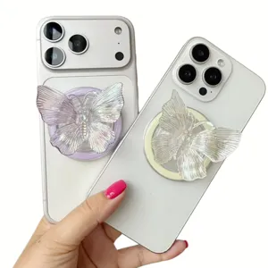 Iridescent laser butterfly collapsible phone socket grip holder stand for smartphones on white