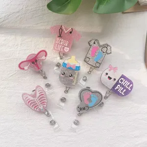 Glitter Nurse Badge Reel Retractable ID Name Tag Holder With Alligator Clip Cute Medical Nursing Heart Pill Bottle Scrub Life RN Badge Reels For Doctor Teacher