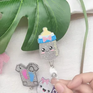 Cute glittery acrylic baby bottle and nurse scrub retractable ID badge reel holders