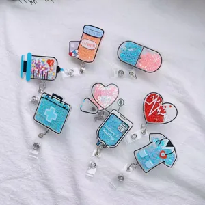 Gedetailleerd overzicht van medische acryl shaker uittrekbare badgehouders met glitter