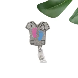 Retractable glitter nurse scrub badge reel with cute footprints and stethoscope graphic