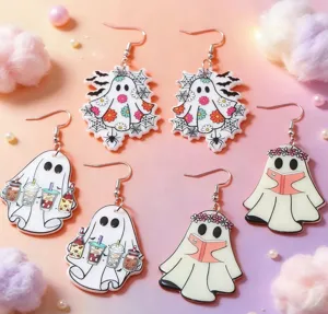 Whimsical Halloween ghost earrings set in floral, bubble tea, and book-reading designs