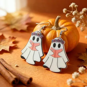 Halloween Acrylic Ghost Earrings For Women Cute Cartoon Ghost With Book Drinks Bat Spider Web Dangle Jewelry Gift