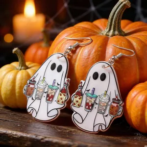 Detailed shot of white ghost acrylic earrings featuring spooky drink prints for Halloween