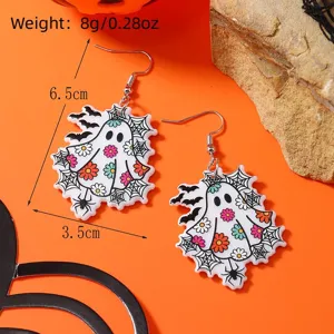 Close-up of Halloween floral ghost earrings with weight and size specifications