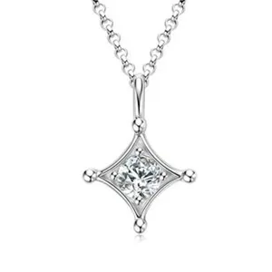 Detailed macro view of a silver four-pointed star pendant necklace featuring sparkling white zircon