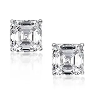 Detailed close-up view of square Asscher cut s925 sterling silver stud earrings