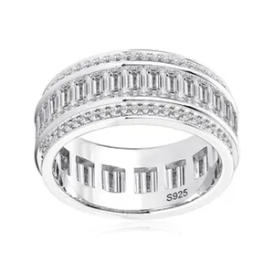 Detailed view of S925 sterling silver eternity ring with sparkling baguette cz stones