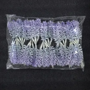 Detailed view of artificial purple lavender bundles in transparent plastic packaging